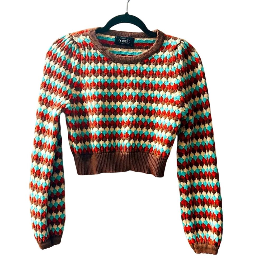 Cider Knit Crop Top Puff Sleeve Geometric Diamond Harlequin Fall Sweater S